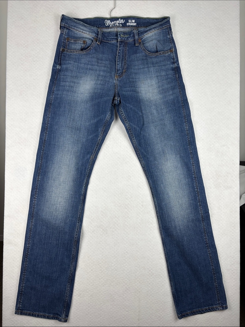Wrangler Retro Slim Straight Jeans Mens 33x36 Medium Wash Stretch Denim Western